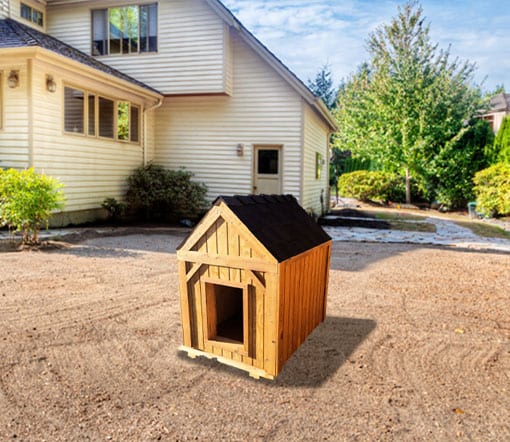 Dog house in dirt in backyard.