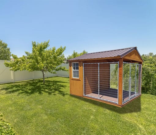 Dog Kennel in grass backyard.