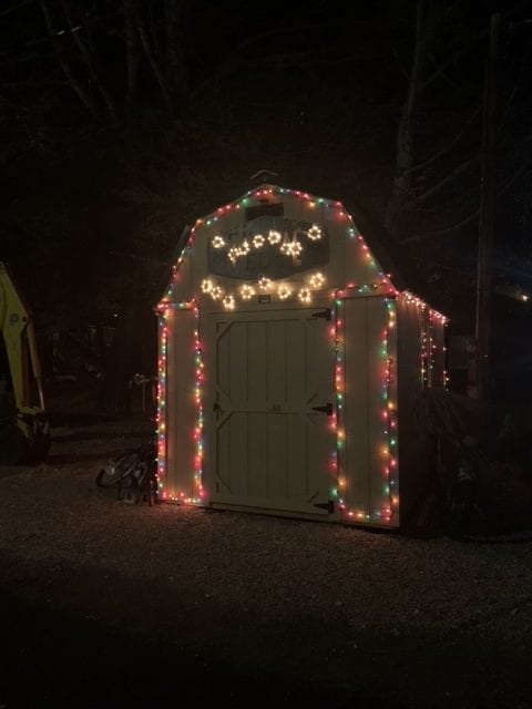 Lofted Shed with Christmas Lights