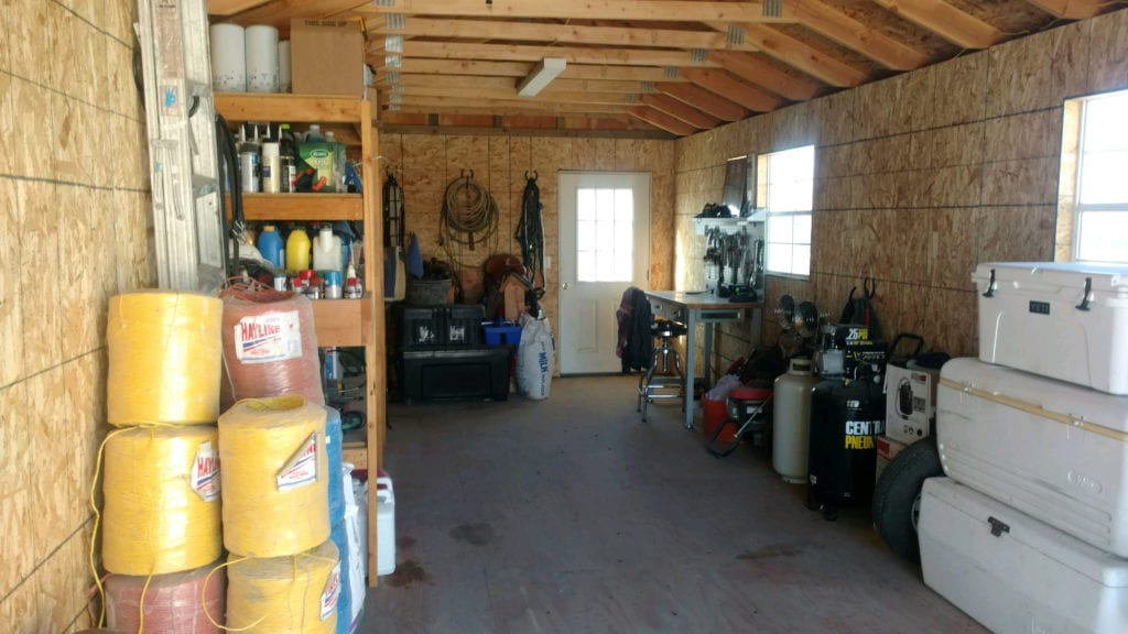 Interior View of Shed Shelves, Door and Window.