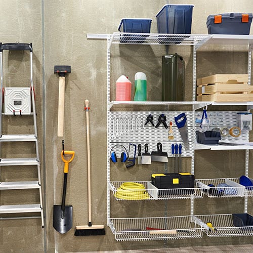 Organized tools and household items in shed